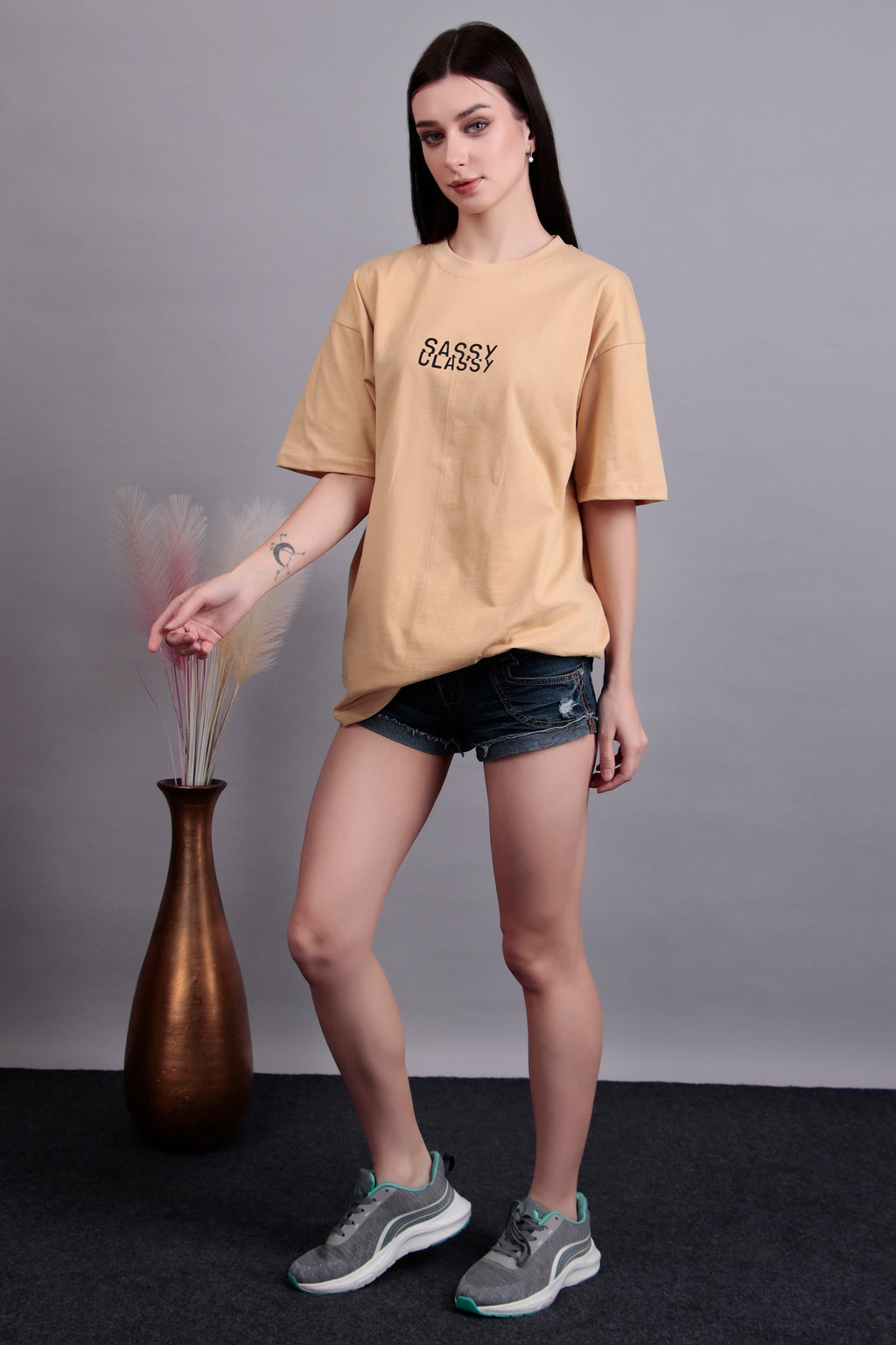 The Beige 'Sassy-Classy' Graphic Oversized Tee
