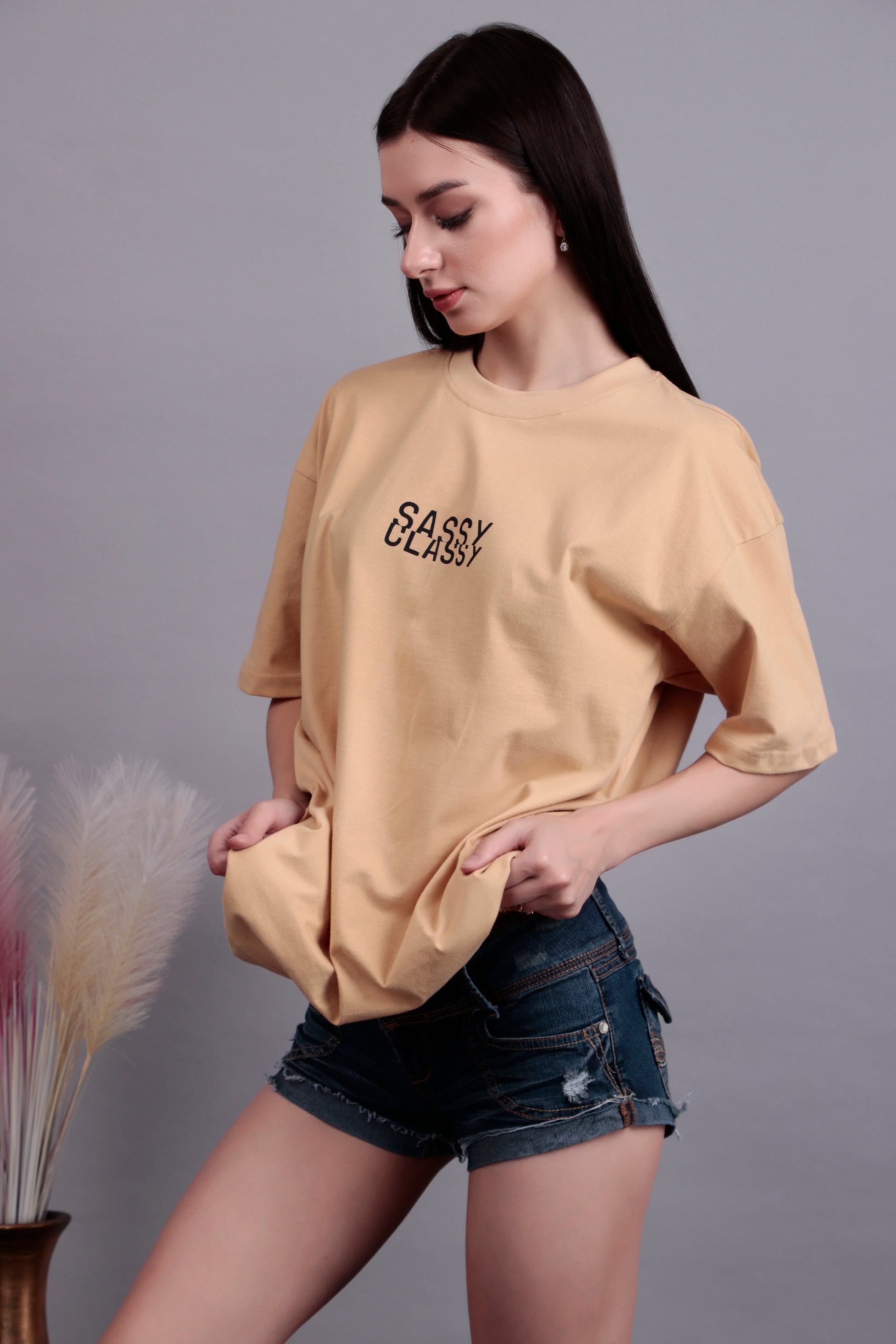 The Beige 'Sassy-Classy' Graphic Oversized Tee
