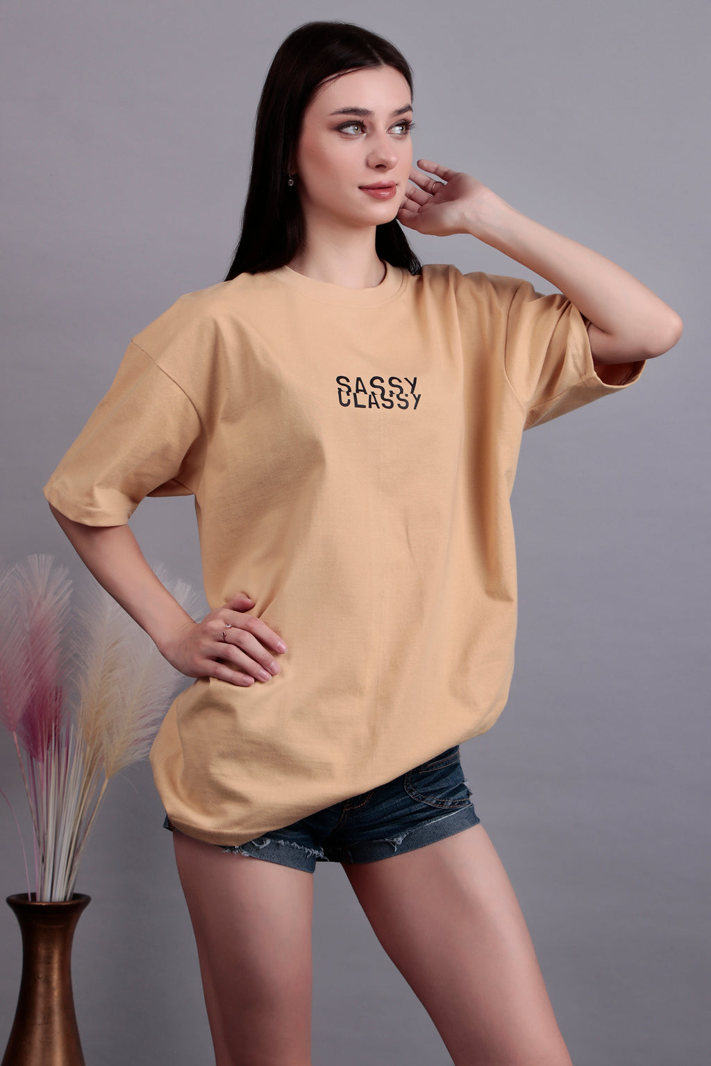 The Beige 'Sassy-Classy' Graphic Oversized Tee