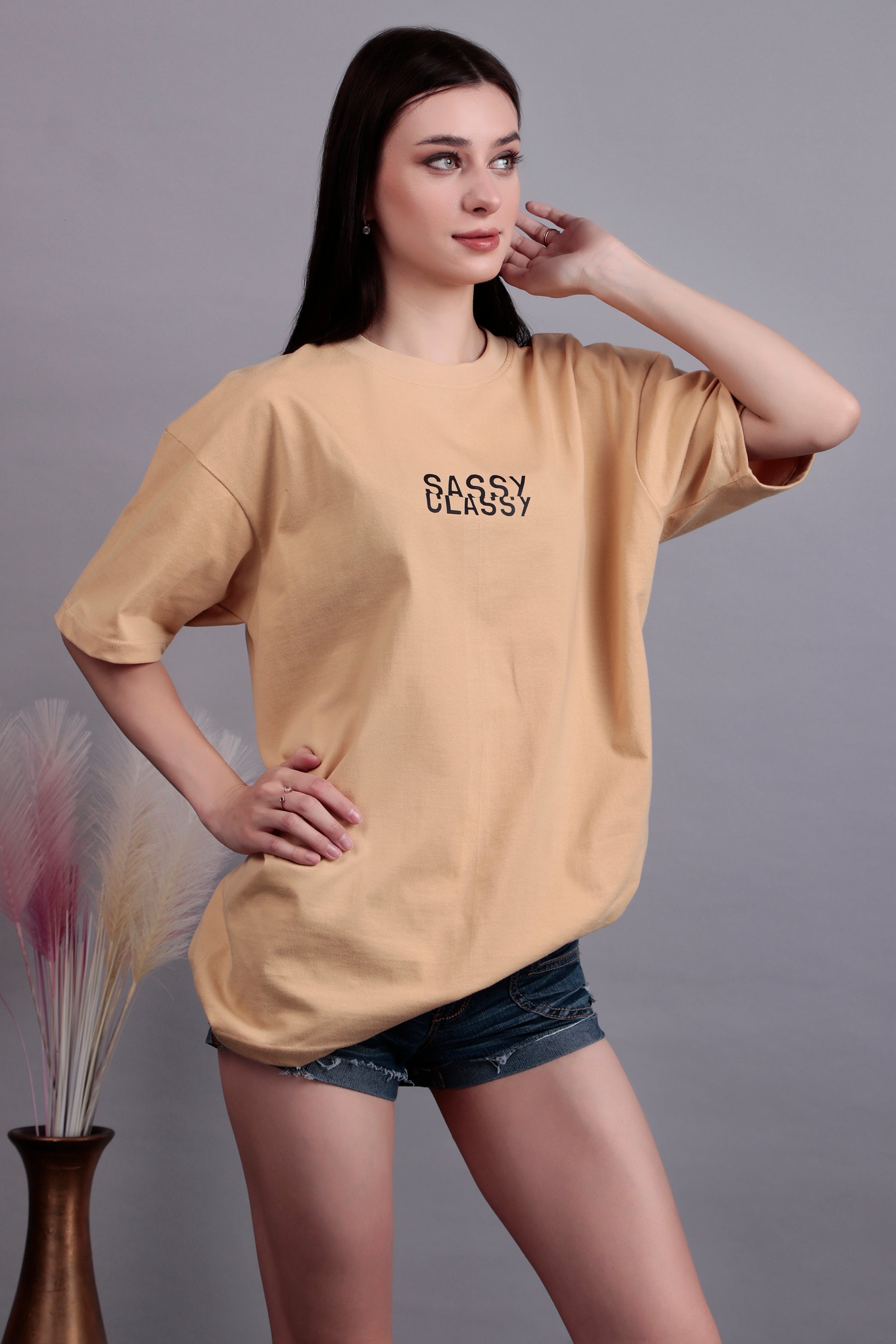The Beige 'Sassy-Classy' Graphic Oversized Tee