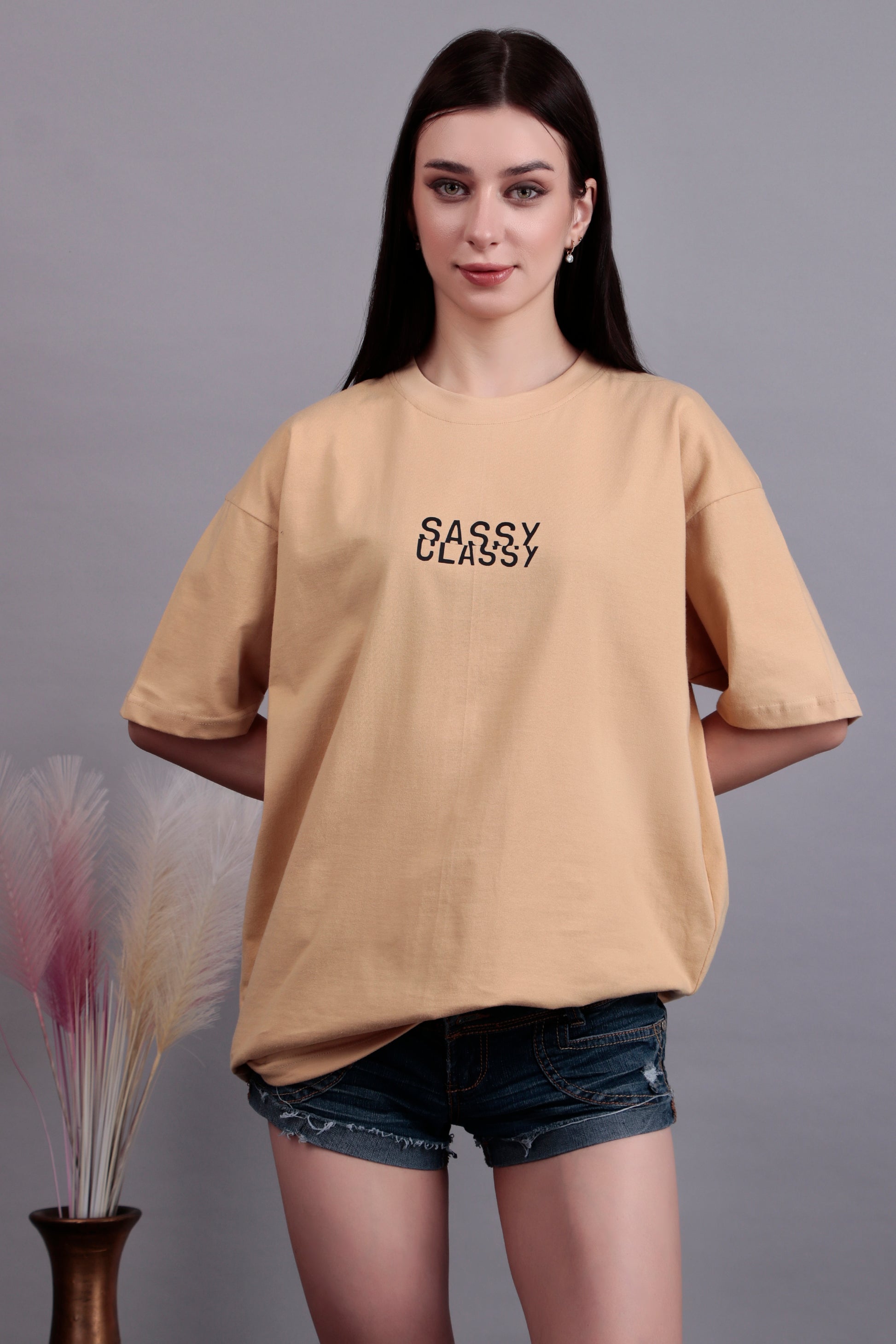 The Beige 'Sassy-Classy' Graphic Oversized Tee
